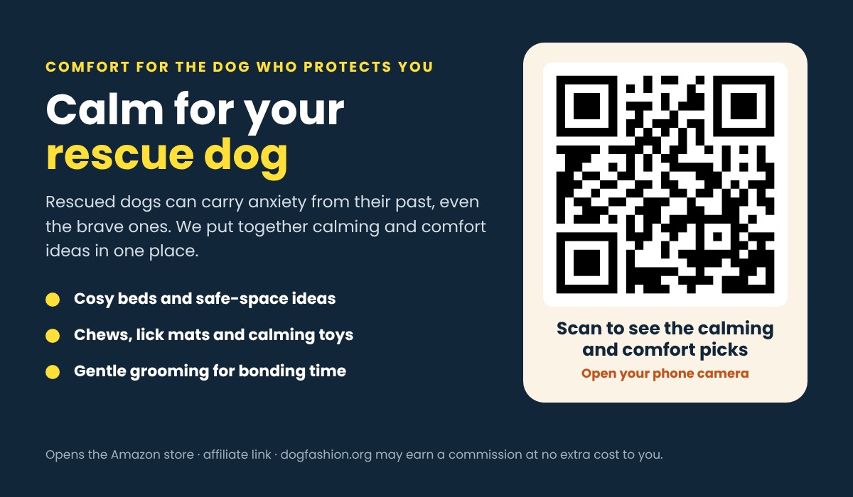 Card with QR code: calming and comfort ideas for an anxious rescue dog