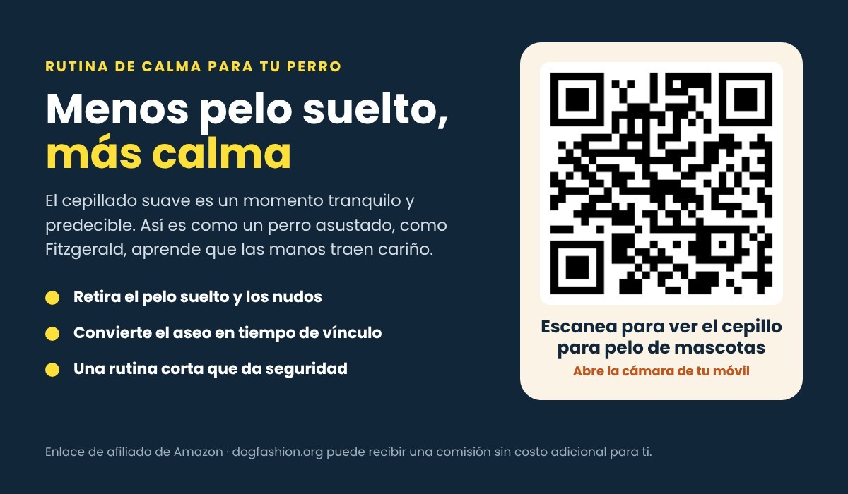 Tarjeta en español: escanea el código QR para ver el cepillo para pelo de mascotas, una rutina de calma para perros ansiosos